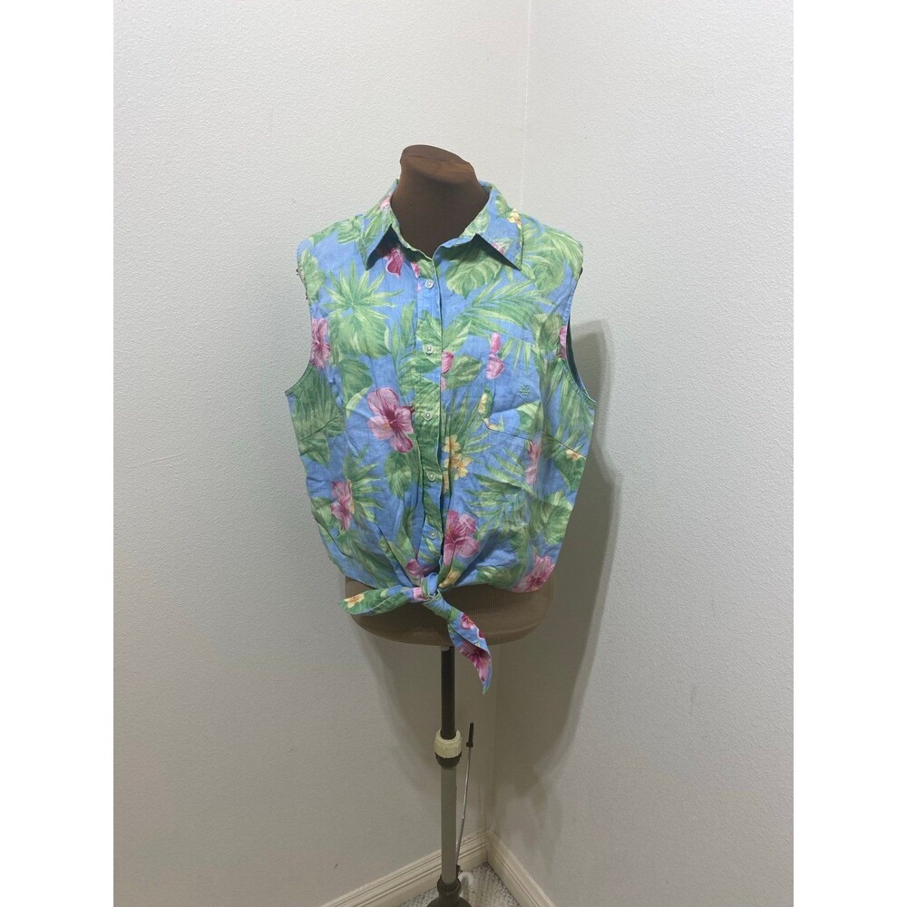 Lauren Ralph Lauren Linen Floral Tropical Blouse Size 16W Front Tie